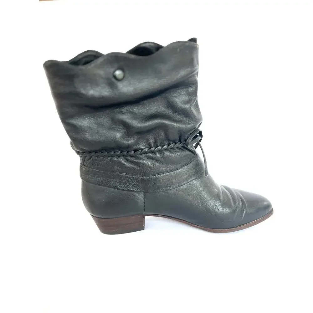 Women's Black Leather Slouch Ankle Booties with Braided Tie